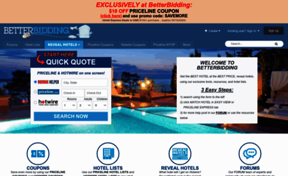 Betterbidding.com website. Priceline Coupons, Hotel Lists, and Expert Bidding
