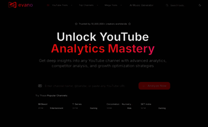 Evano.com website. YouTube Analytics & Channel Statistics | Real-Time