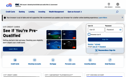 Online.citi.com website. Credit Cards, Banking, Mortgage, Personal