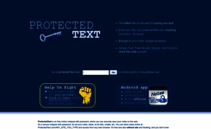 Protectedtext.com website. Online Notepad - free, no ads, no login.